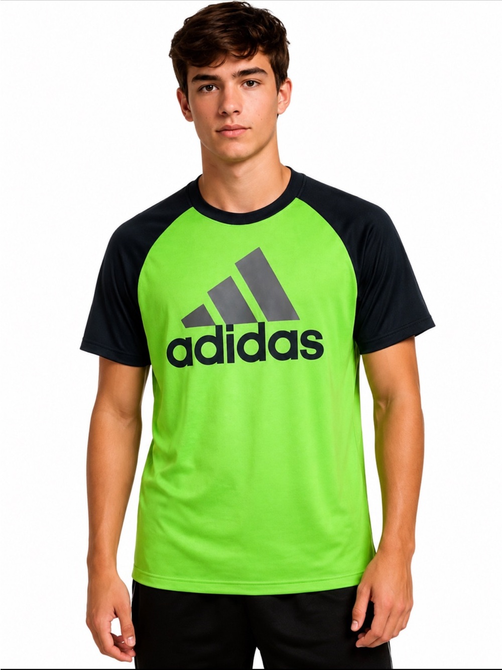 Adidas Boys Green Black Logo Performance Tee Shirt Short Sleeve Athletic —Size L